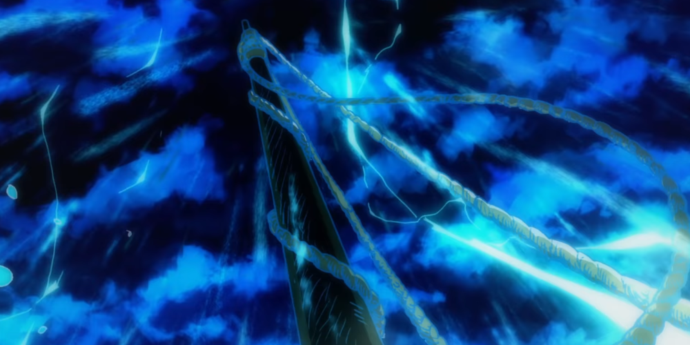 Lightning striking behind a mast, as it appears in the trailer for Link's Awakening for the Nintendo Switch