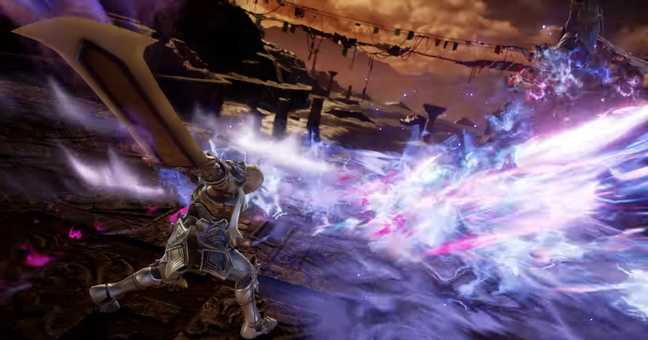 Siegfried, a great sword fighter, slashing across the air in Soul Calibur VI.