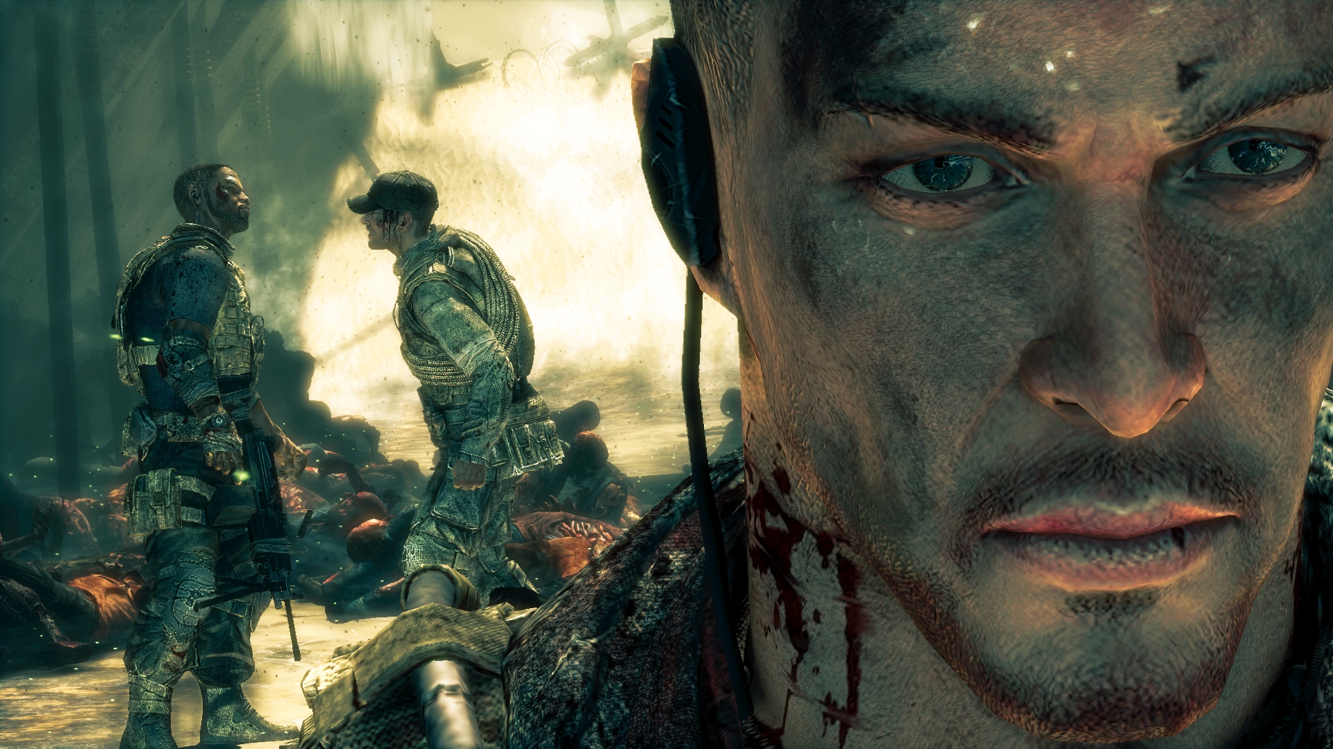Bloodied soldiers from Spec Ops: The Line argue beside several corpses