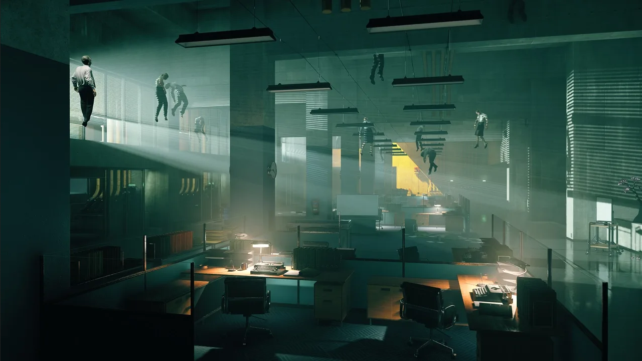 A barren office space with various employees hovering and hanging impossibly below the fluorescent lights.