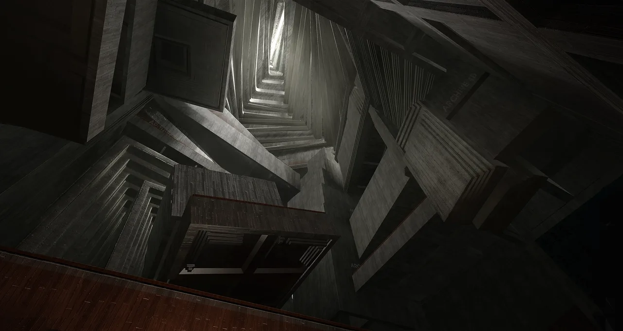 A series of bare concrete angles spiral into the distance.